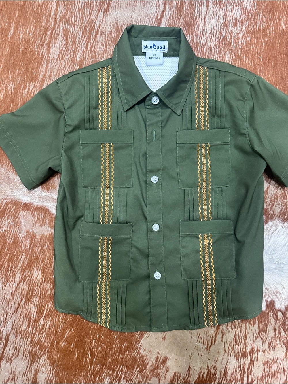 Blue Quail Olive Green Short-Sleeve Button Down Shirt with Gold Trim